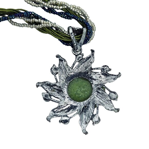Twisted Multi Strand Seed Bead Necklace With Green Sun Pendant (5888) - Picture 6 of 7